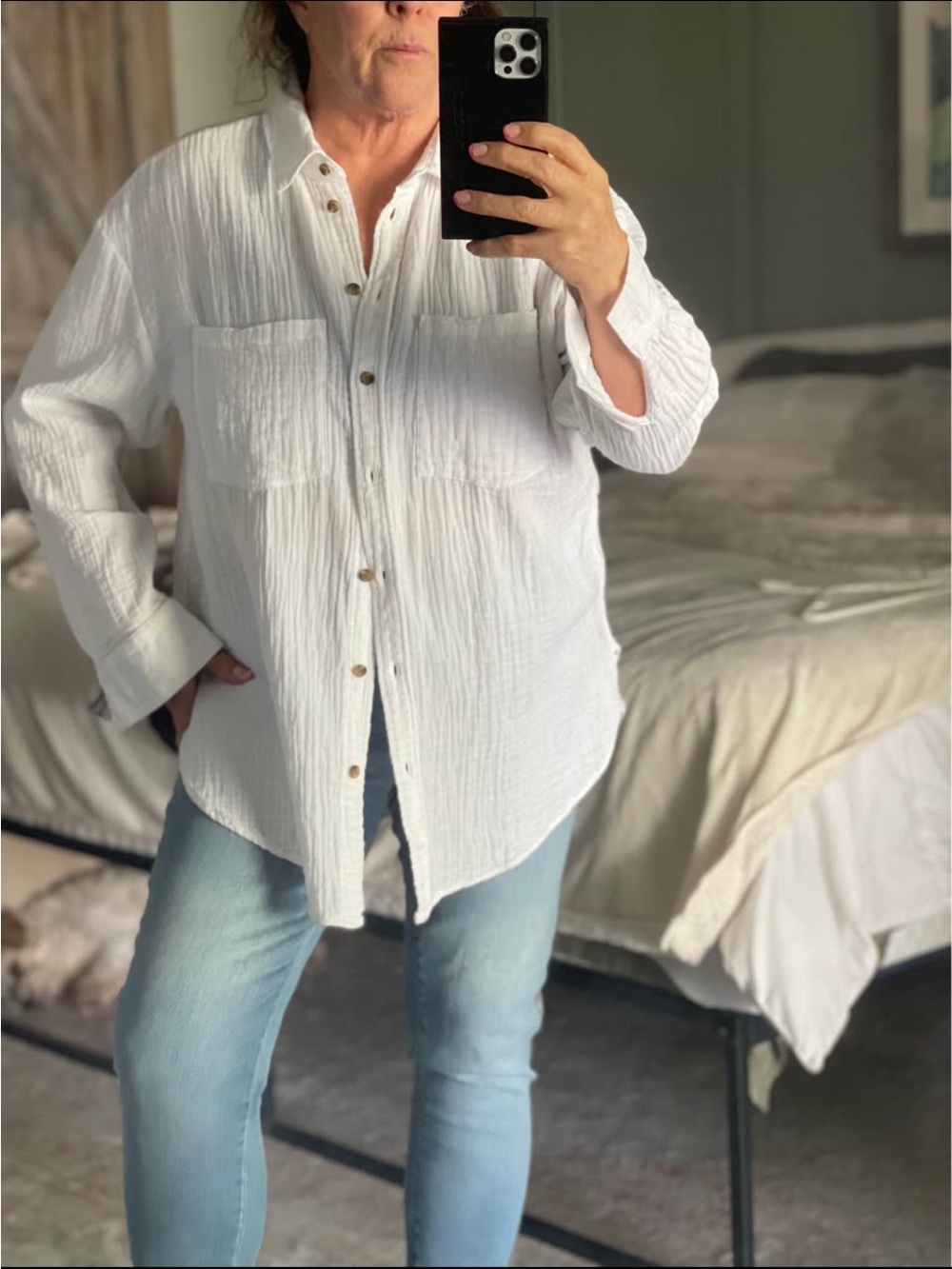 H&M White Crinkled Button-Up Shirt